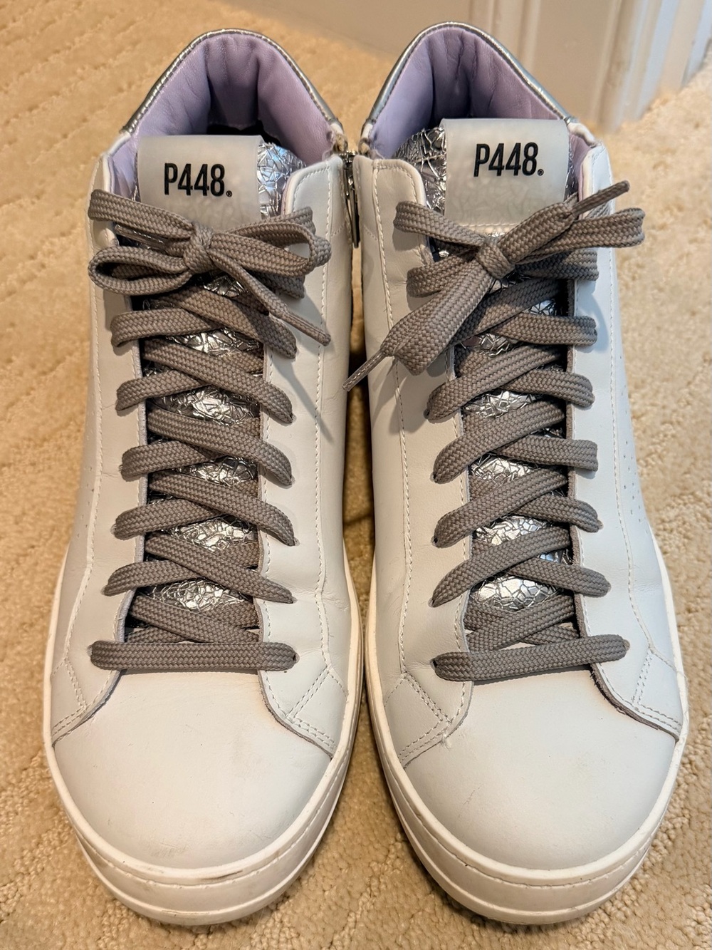 P448 Women’s White Leather High-Top Sneakers with Gray Laces and Silver Tongue